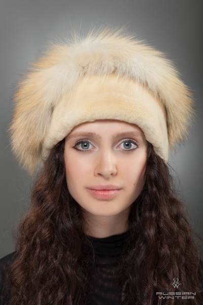 Головной убор меховой женский колпачок Капелька лиса исландская, норка от компании «Русская зима» Головной убор меховой женский колпачок Капелька лиса исландская, норка